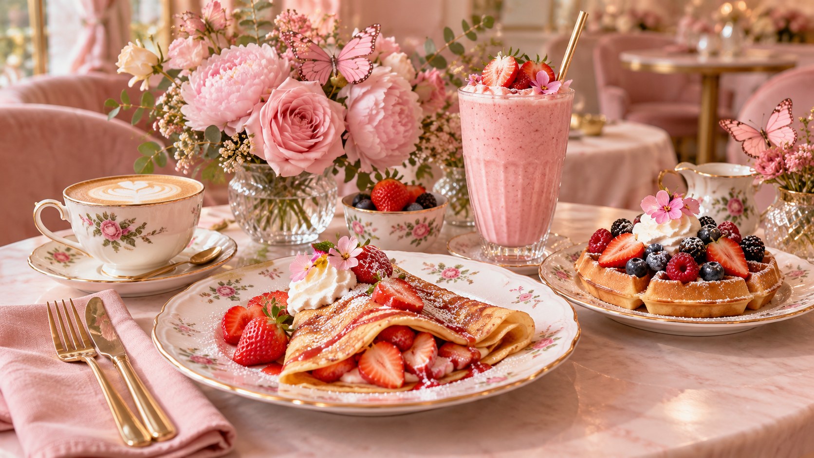 Strawberry crepes, a berry waffle, coffee and a fruit smoothie beside pink flowers and delicate butterfly decorations